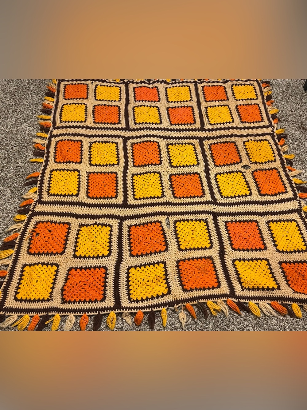 Vintage Granny Square Crocheted Afghan Blanket Orange Cream Yellow Brown